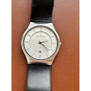 SKAGEN 233XXLSL MENS ALL SS ANALOG 36mm WATCH DATE BLACK LEATHER NEW BATTERY